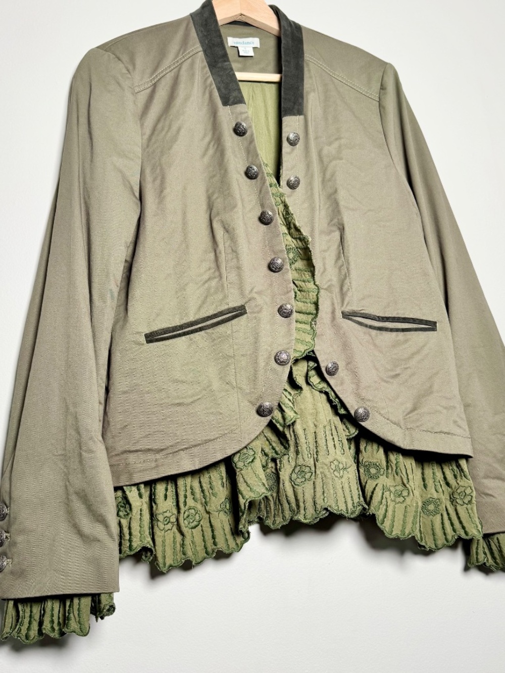 Sundance Caroline Ruffle Cotton Jacket Army Green Sz S